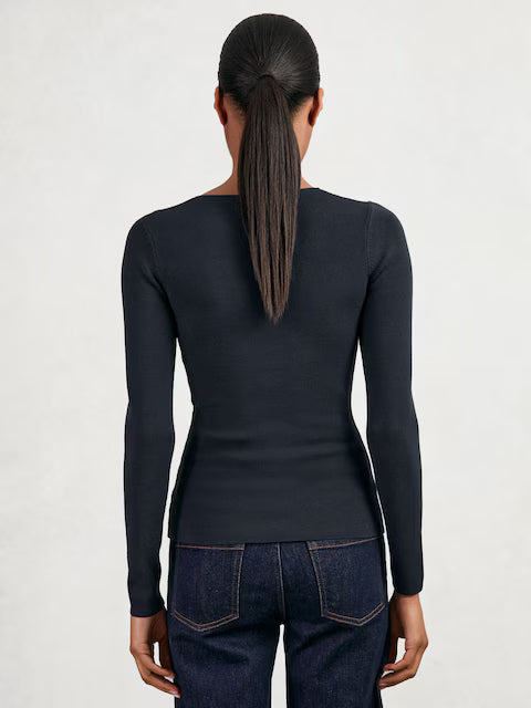 FRIEDMAN-Chain-Detail Keyhole Knit Top in Navy