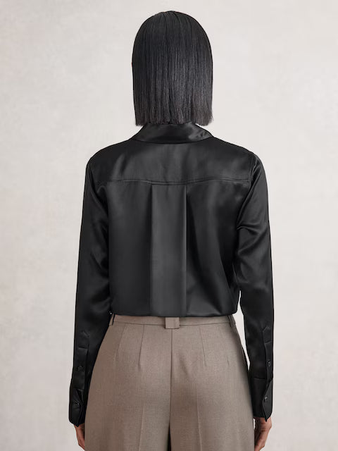 FRIEDMAN-Silk-Satin Concealed-Placket Shirt in Black