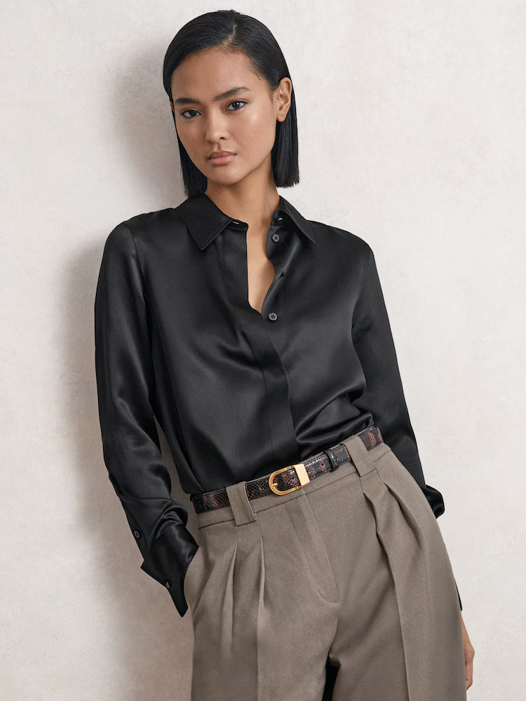 FRIEDMAN-Silk-Satin Concealed-Placket Shirt in Black