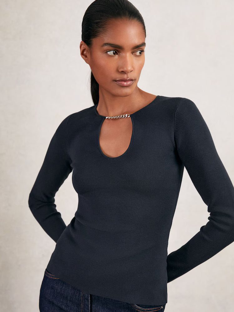 FRIEDMAN-Chain-Detail Keyhole Knit Top in Navy