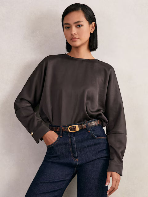 FRIEDMAN-Satin Button-Back Long-Sleeve Top in Mauve