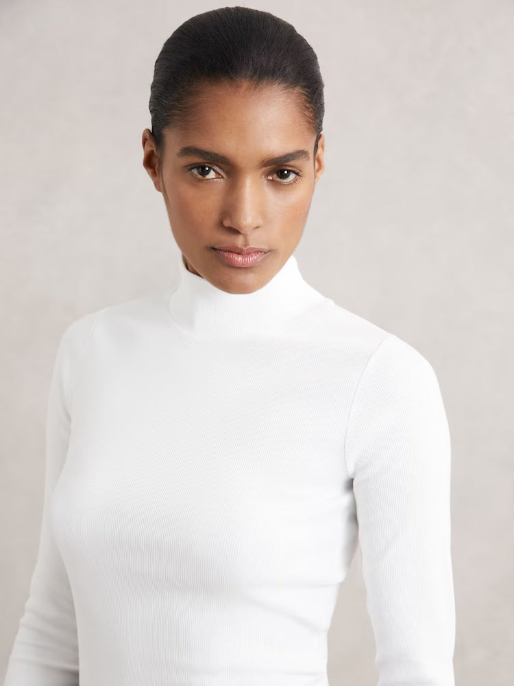 FRIEDMAN-Stretch-Cotton Funnel-Neck Top in White